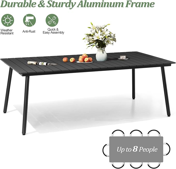 83" Patio Outdoor Dining Table for 6-8, Weather-Resistant Wood-Grain Top with Aluminum Frame & Umbrella Hole for Deck Gatherings, Black