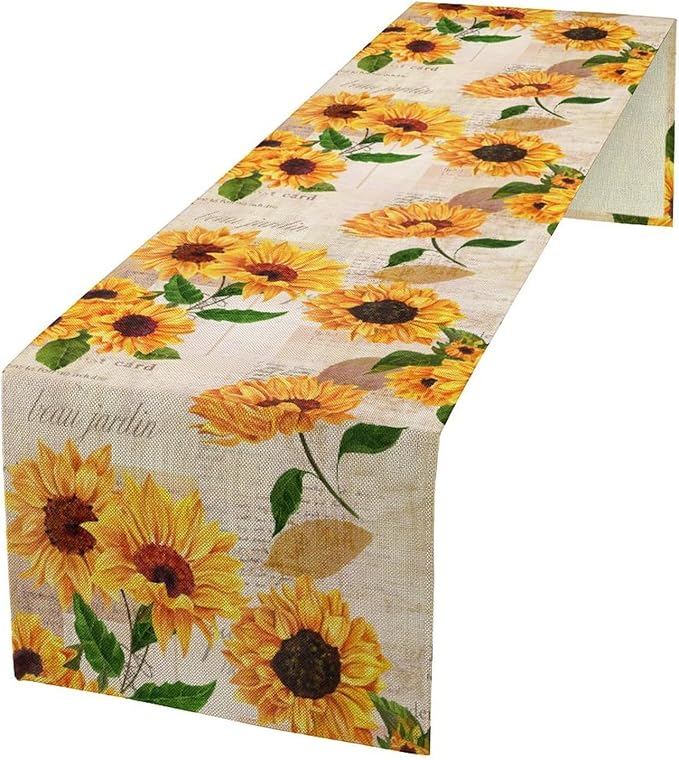 Sunflower Table Runner, Rustic Old Paper Seasonal Table Runner Farmhouse Kitchen Home Party Dining Room 13x36in
