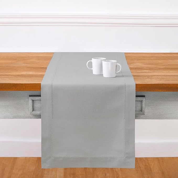 Solino Home Cotton Linen Light Grey Table Runner 132 Inches Long - Hemstitch 14 x 132 Inch Table Runner for Spring, Easter