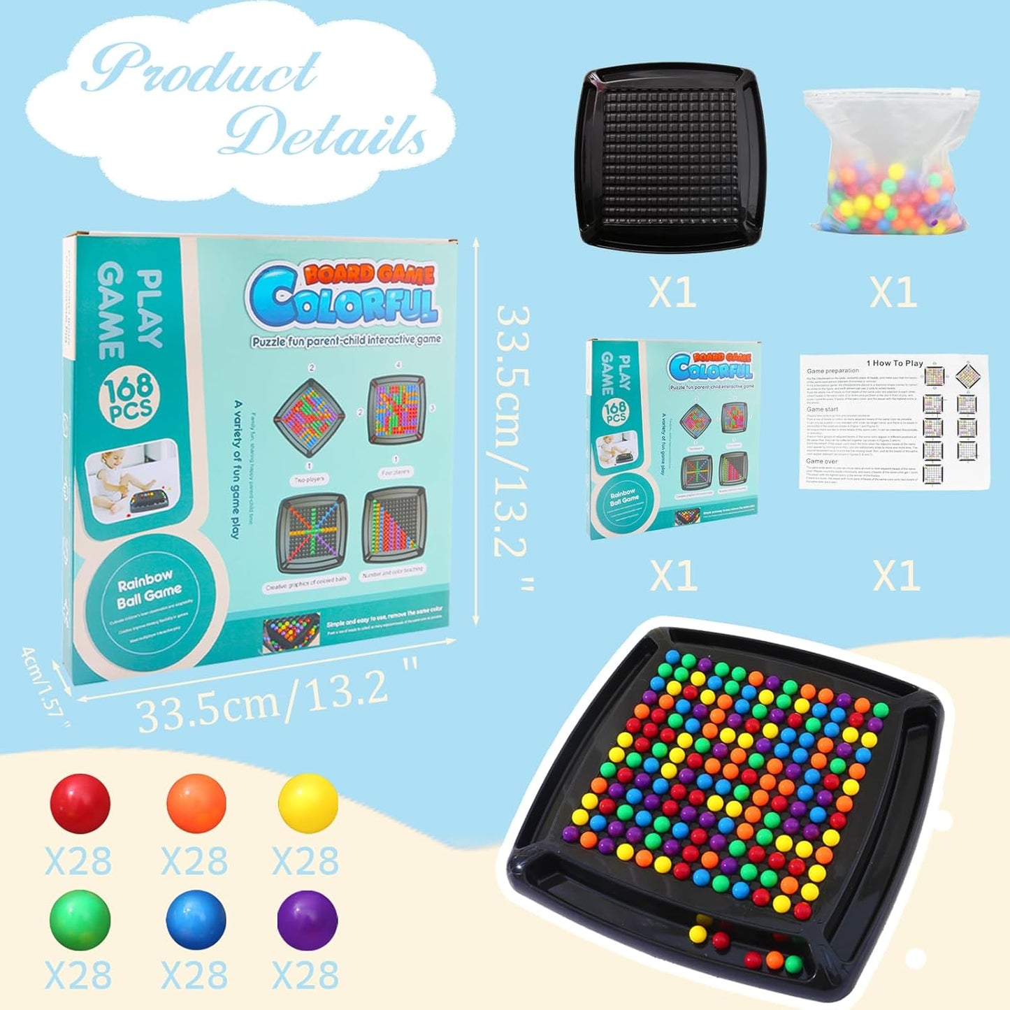 168PCS Marbles Intellectual Chessboard Dual Dual Strategy Board Game,Colored Marbles Fun Table Top Strategy Chess Board Game for Kids & Adults