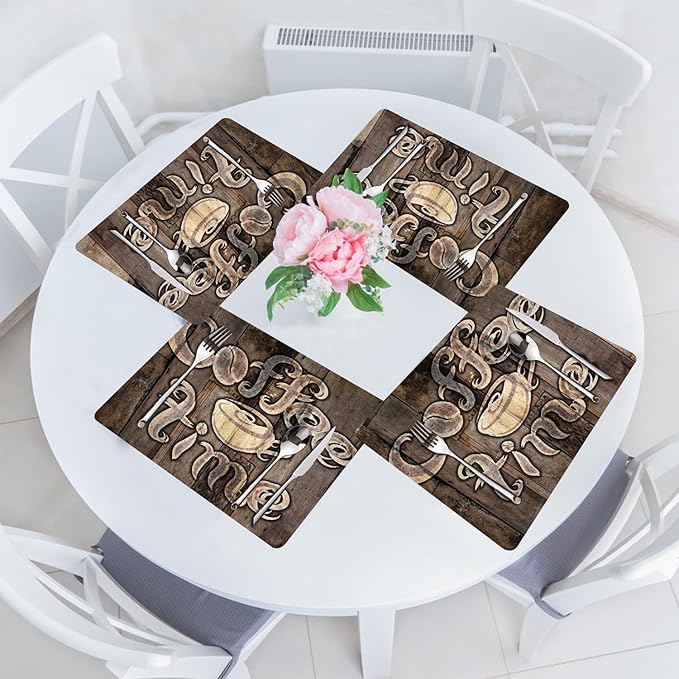 Coffee Placemats Set of 4 - Farmhouse Heat Resistant Placemats for Dinner Table, Non-Slip Waterproof Oil-Proof Washable Reusable Placemat for Indoor Outdoor Kitchen Decor, 15.75In*11.81In