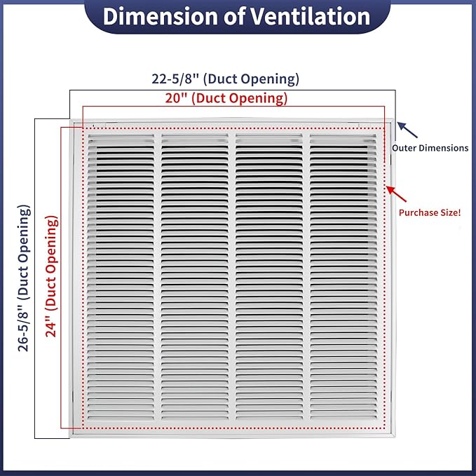 24"W x 24"H [Duct Opening Size] Steel Return Air Filter Grille - Removable Face/Door for 1 inch Filters -HVAC Vent Cover Grill - White [Outer Dimensions: 26 5/8"W X 26 5/8"H]