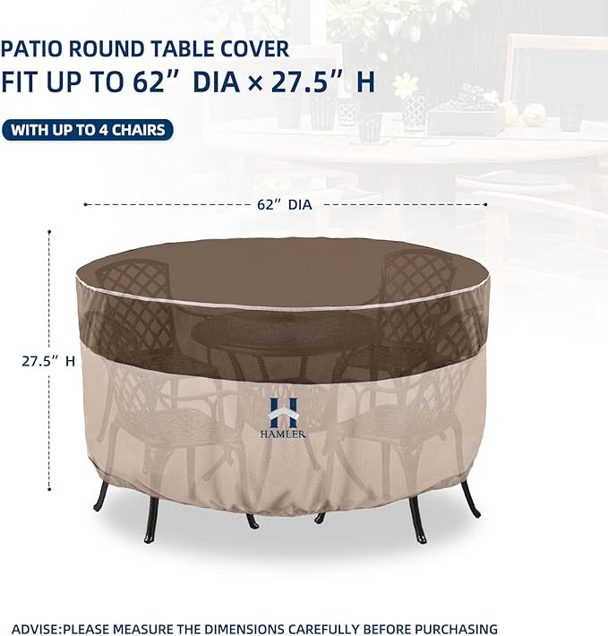 HAMLER Round Outdoor Table Cover, Heavy Duty Outdoor Table Chair Set Covers with Air Vents and Handles, Patio Table Cover Fits up to 62" D x 27.5" H, Brown & Beige