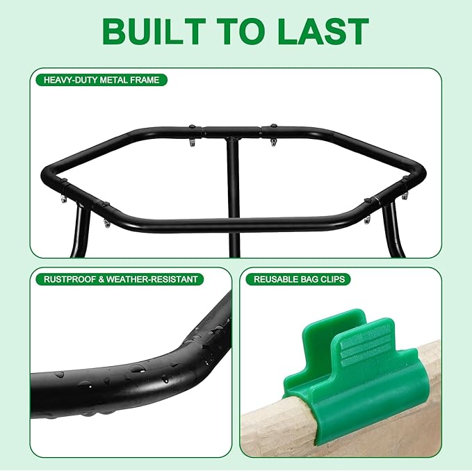 Aobiono Leaf Trash Bag Holder Stand, Garbage Bag Support Frame for 30-55 Gallon Lawn Bags, for Yard Kitchen Garden Outdoor Camping Waste, with Reusable Bag Clips, Heavy Duty (Black)