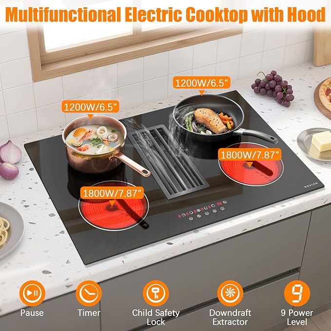 Noxton 30”Electric Cooktop with Downdraft Vent, 4 Burner Radiant Stove Top, 6000W, 240V Hardwired, 9 Heat Settings, 99-Min Timer, Pause & Child Lock(No Exhaust Pipe Required)
