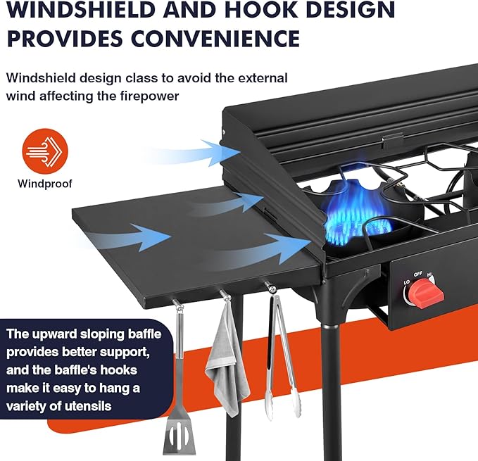 Llamaviva 2 Burner Propane Stove with Windpanel, Camping Stove with Side Shelves, 150000 BTU Propane Burners Removable Legs & Regulator Hose & Carrying Bag