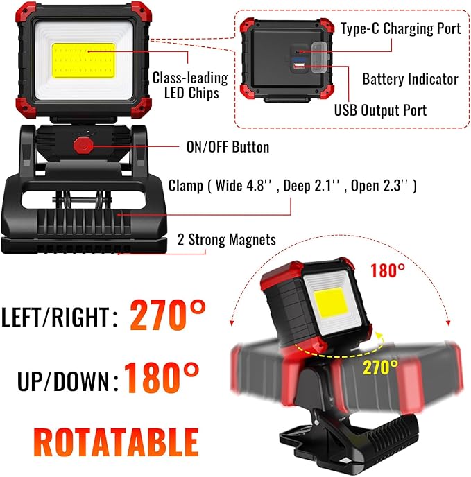 LED Rechargeable Work Light with Clamp, 2100LM COB Magnetic Clip on Worklight 270° Rotating with Mobile Charger, Portable Clamp Work Light for Boats, Car Repairing, Job Site Lighting