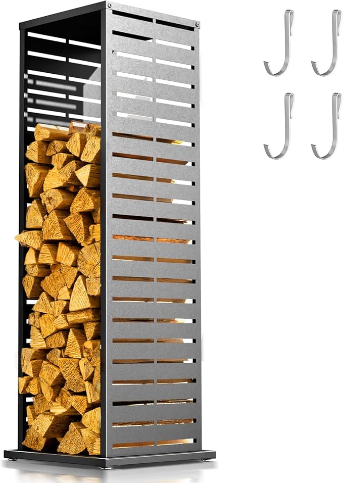 4ft Firewood Rack with Parallel Louver Pattern, Fire Wood Holder Log Storage Rack with Hooks Adjustable Feet, Firewood Stacker for Outdoor Indoor Pergola Gazebo Patio Balcony Black