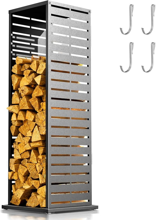 4ft Firewood Rack with Parallel Louver Pattern, Fire Wood Holder Log Storage Rack with Hooks Adjustable Feet, Firewood Stacker for Outdoor Indoor Pergola Gazebo Patio Balcony Black
