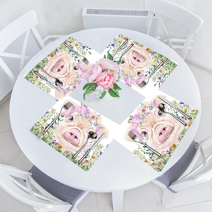 Flower Pig Placemats Set of 4 - Faux Leather Heat Resistant Placemats for Dinner Table, Non-Slip Waterproof Oil-Proof Washable Reusable Placemat for Indoor Outdoor Kitchen Decor, 15.75In*11.81In