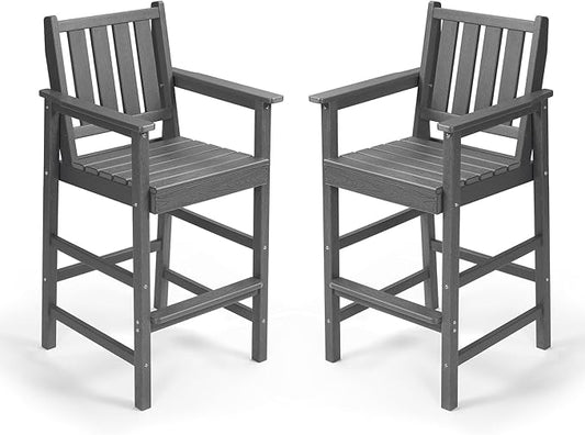 Adirondack Bar Chair Set of 2, HDPE Tall Adirondack Chairs Bar Stools with Footrest, Outdoor Bar Height Stool Chair Set, HDPE Patio Barstools Set for Balcony, Porch, Deck, Pool, Smoke Gray
