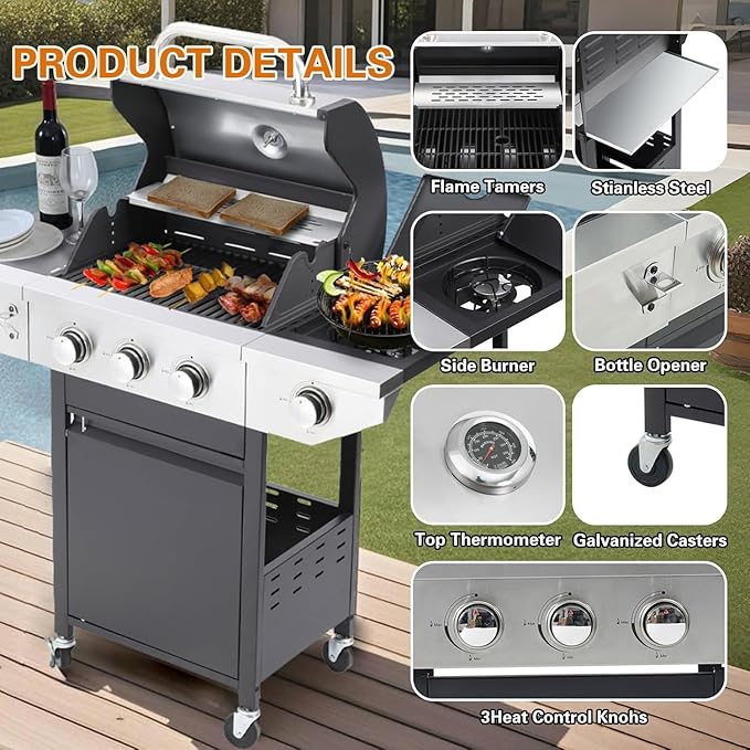 Endark 3-burner propane grill, 37,000 BTU with side-fire function. Stainless steel, enameled cast iron grate, thermometer, wheels. Perfect for patio and garden cooking