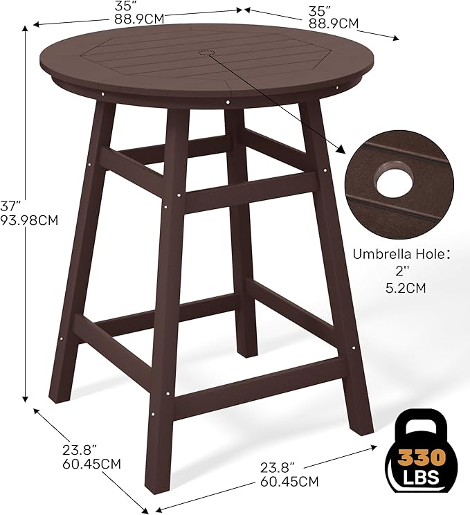 Costaelm Patio Bistro Table, 37" Counter Height Round Patio Cocktail Bar Table with Umbrella Hole, Outdoor Bistro Dining Pub Table for Front Porch Deck Backyard Garden, Dark Brown