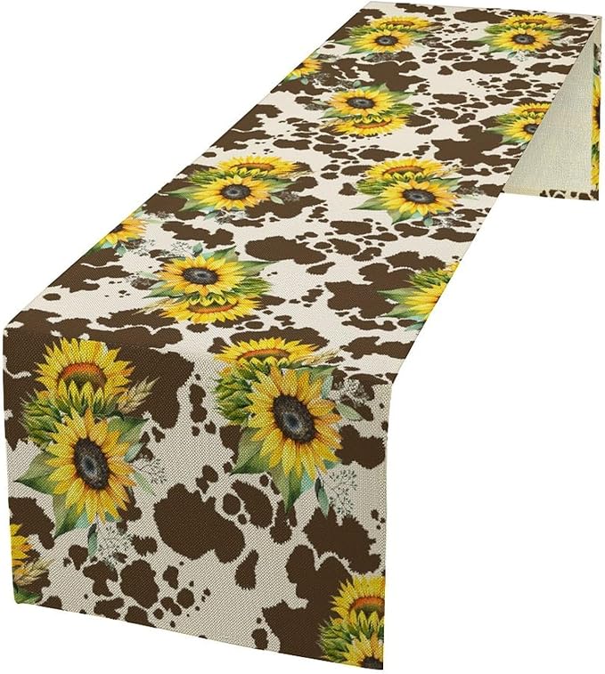 Cow Print Table Runner, Brown Sunflower Cow Print Animal Fur Skin Rustic Cowhide Pattern Table Runner for Kitchen Farmhouse Dining Home Outdoor 13x108in