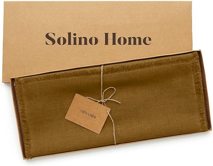 Solino Home Fringe Linen Table Runner 72 Inches Long - 100% Pure Linen Toffee Brown Dining Table Runner 14 x 72 Inch - Handcrafted and Machine Washable
