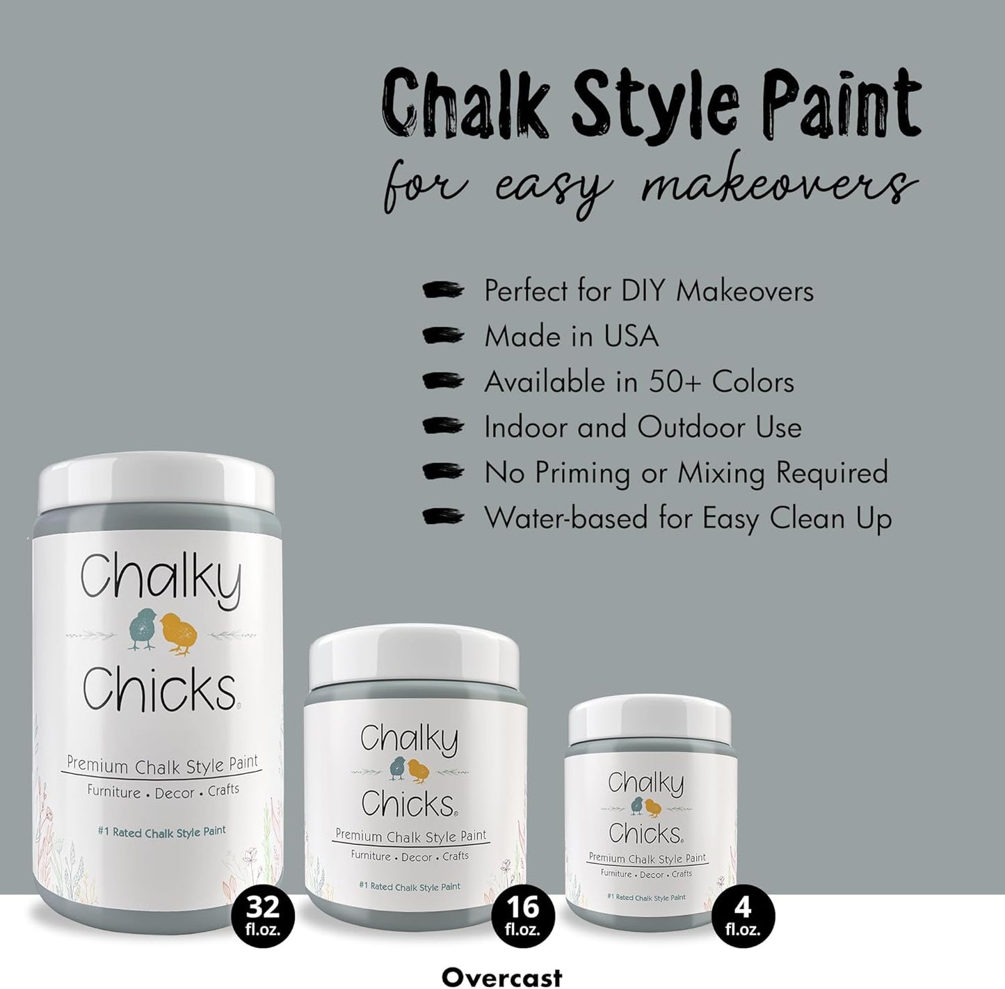 Chalky Chicks All-in-One Chalk Paint for Furniture or Cabinet - 16 Fl Oz - Matte Finish Overcast (Blue Gray) for Metal, Wood Furniture Paint - No Sanding All-in-One for Home Decor & Crafts, USA Made