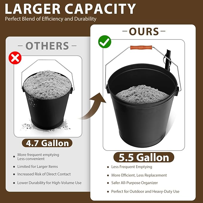 F2C 5.5 Gallon Large Ash Bucket with Lid and Shovel Fireplace Tool Set,Galvanized Metal Coal and Hot Ash Pail for Fireplace, Fire Pits, Wood Burning Stoves, Grill, Outdoor,Home Black
