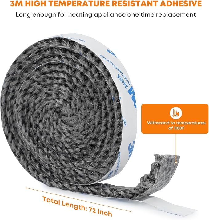 Stanbroil High Temperature Fiberglass Gasket Tape, 5/8" Width, 1/4" Thick, 72" Length, Self-Adhesive, Flat Gasket for Stoves and Fireplaces