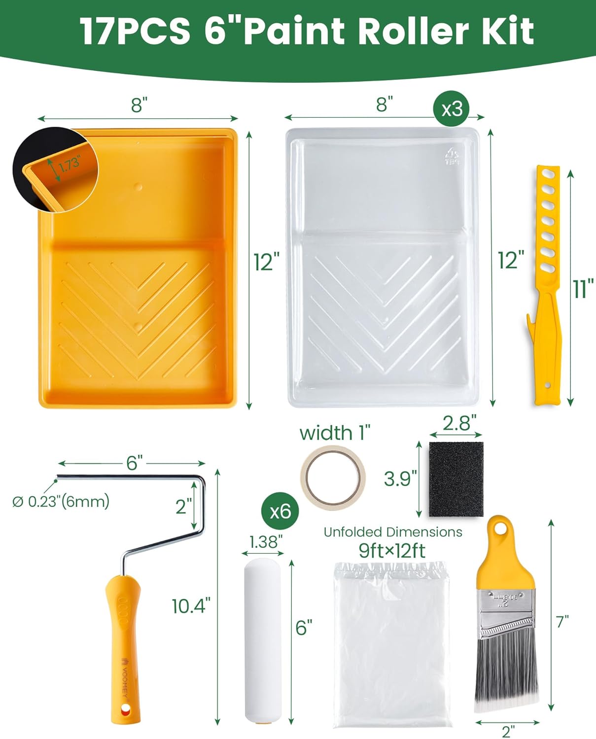 Voomey 17 Pcs 6 Inch Foam Paint Roller Kit with Angle Paint Brush,Paint Tray with Liners,Paint Kit for Painting Walls,Cabinet,Trim