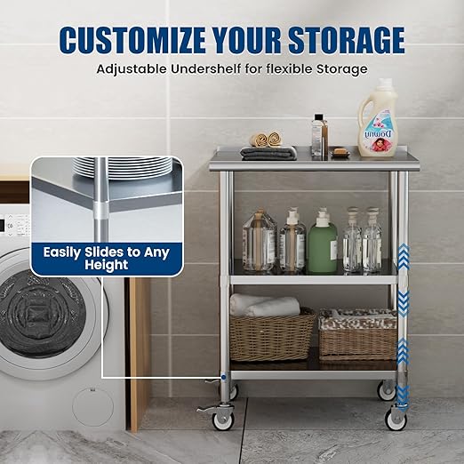 Stainless Steel Work Table with Wheels, 24x30 Inch NSF Food Prep Table with Backsplash & 2 Adjustable Undershelves for Commercial Kitchen, Restaurant, Garage