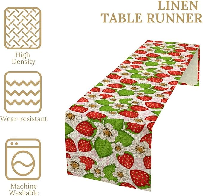 Spring Strawberry Table Runner, Floral Strawberries Flowers Leaf Season Inspirational Design Table Runner for Kitchen Dining Party Holiday Home 13x70in