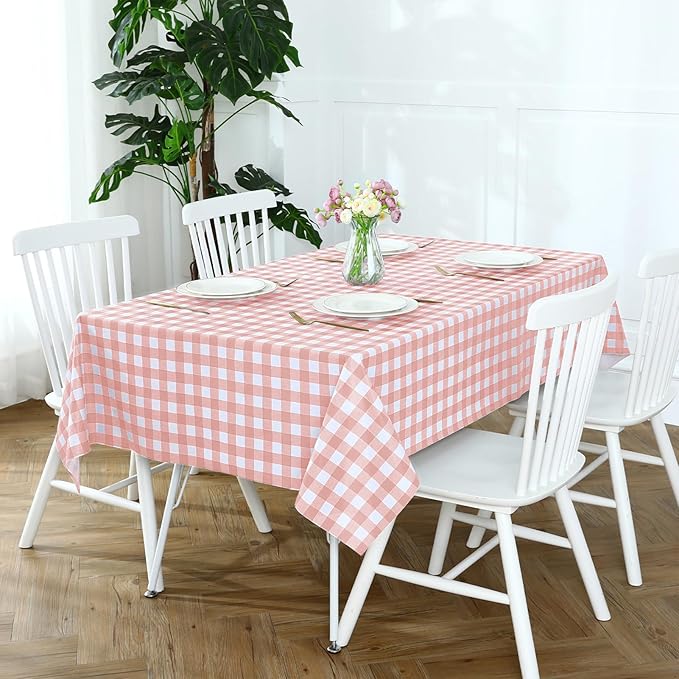 Romanstile Rectangle Vinyl Tablecloth, 100% Waterproof Checkered Plastic Table Cloth, Heavy Duty Buffalo Gingham Table Cover for Dining, Camping, Picnic, Outdoor - 54 x 78 Inch, Light Pink