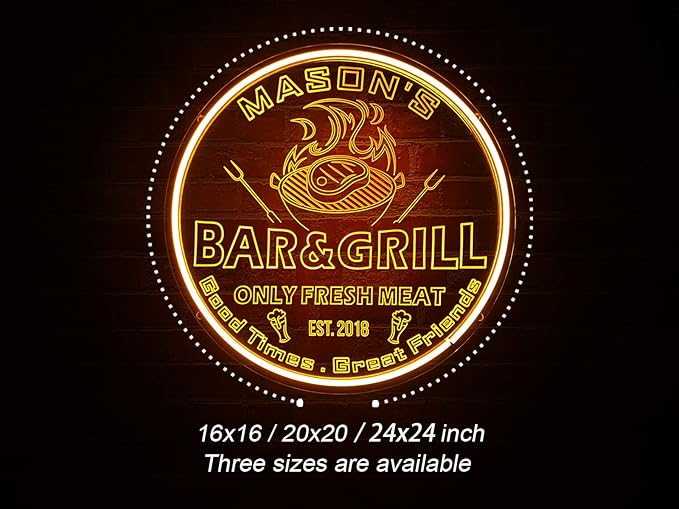 Personalized Bar Grill Neon Signs,Custom Bar BBQ Grill LED Sign, Barbeque Dad's BBQ Grilling Light Up Sign for Backyard,Garden Yard,Porch, Deck, Patio Decor, Housewarming Gift