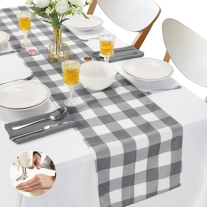 Fabric Checkered Table Runner 12 Pack Waterproof Gingham Table Runner 14W x 108L Buffalo Check Table Runners for Parties Kitchen Dining Wedding Banquet (Gray and White)