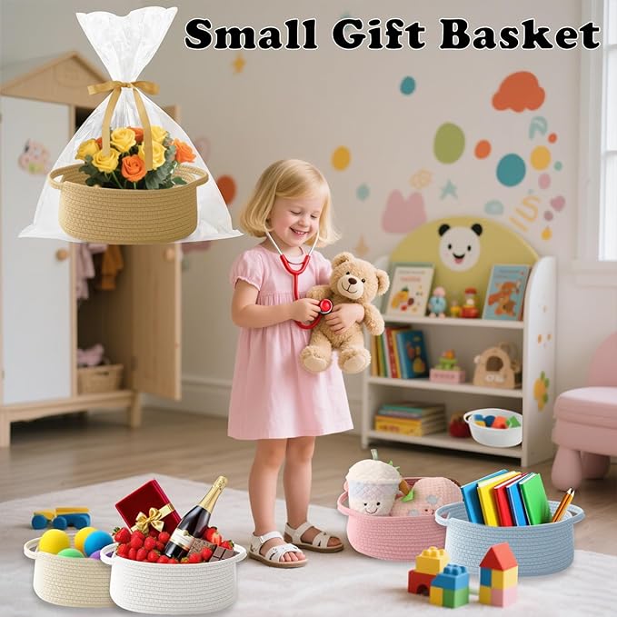 Gift Basket with Gift Bag and Ribbons,Small Rope Woven Shelf Storage,Baskets for Gifts Empty,Birthday,Baby Shower,Decorative Organizer Box with Handles(Jute)