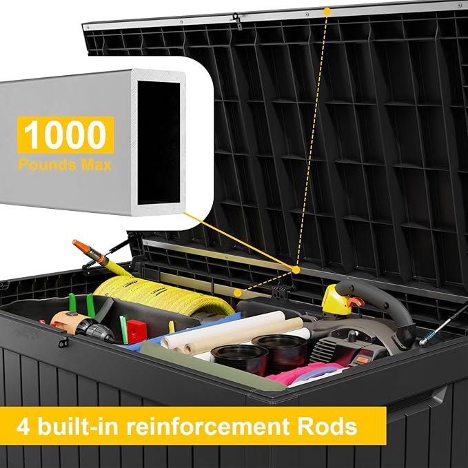 281 Gallon Outdoor Storage Box Waterproof, Large Resin Patio Deck Boxes, Lockable Outdoor Storage Container for Patio Furniture, Garden, and Pool Tools (281 Gallon, Black)