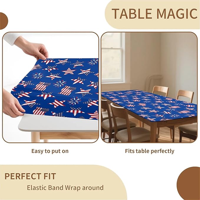 Rectangle Table Cloth Cover Waterproof Elastic Fitted Polyester Fitted Tablecloths for 8 Foot Tables for Indoor,Picnic, Camping, Outdoor （96" x 30"，American Flag）