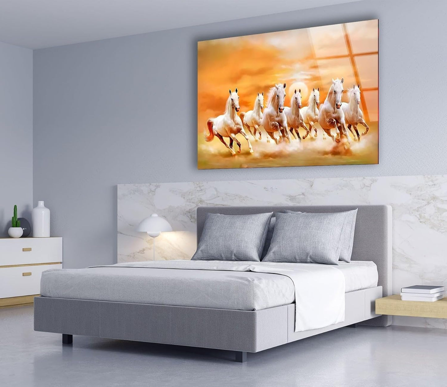 My Photostation.com 60WX40H'' White Horses Running on Sunset Glass Wall ArtTempered Glass Printing Wall Decor Large Wall Art Wall Hangings