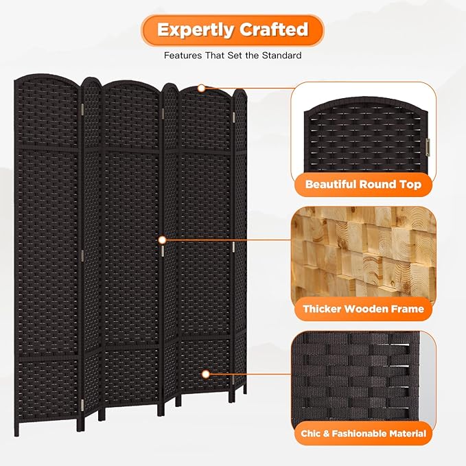 Room Divider 6 Panel Screen 5.6 Ft Tall Partition Room Dividers Brown Privacy Screens Folding Room Separation Free Standing Waterproof Wood Frame Wall Divider