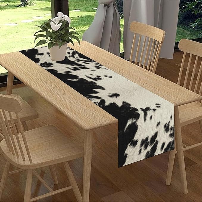 Cow Print Table Runner, Black Cowhide Print Western Style Table Runner Country Farmhouse Cottage Cow Pattern Linen Table Decoration for Home Kitchen Dining 13x108