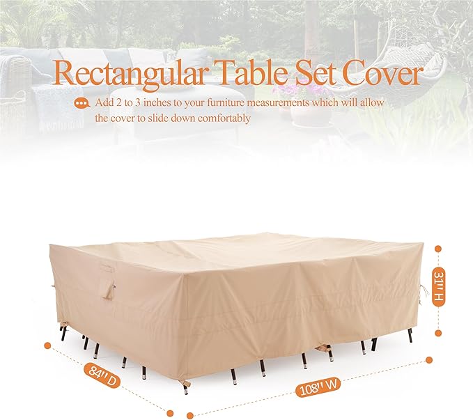 WJ-X3 Large Patio Furniture Cover Waterproof, Rectangular Outdoor Table Chair Set Cover UV Resistant, Heavy Duty Deck Dining Cover, High Wind Resistant, Anti-Fading 108W x 84D x 31H Inches, Beige