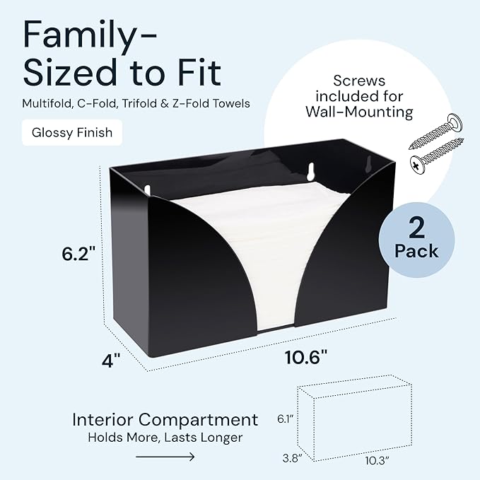 Acrylic Napkin Holder Wall Mount, 2 Pack Black - Multifold Paper Towel Dispenser for Bathroom & Kitchen Accessory - Open Top Guest Hand Towel Tray
