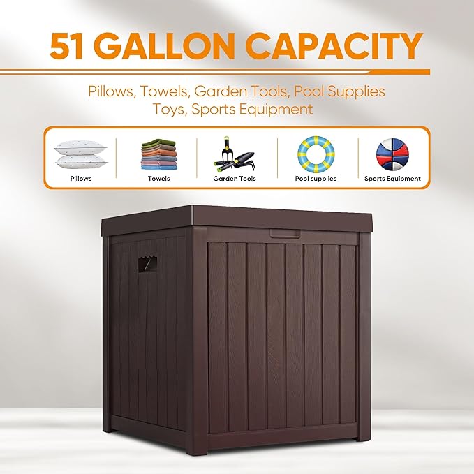 ZYJOYY 51 Gallon Resin Deck Box, Outdoor Storage Box Waterproof for Patio, Garden, Pool, and Deck, Storage Solution for Cushions, Tools, Delivery Packages, Brown