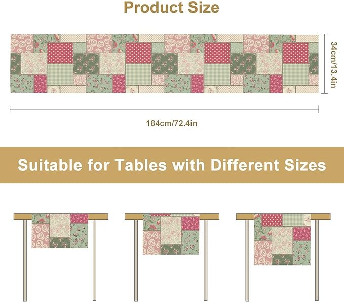 Patchwork Flowers Table Runner, Boho Plaid Floral Retro Romantic Rose Plants Table Runner for Dining Coffee Party Holiday Farmhouse 13x108in