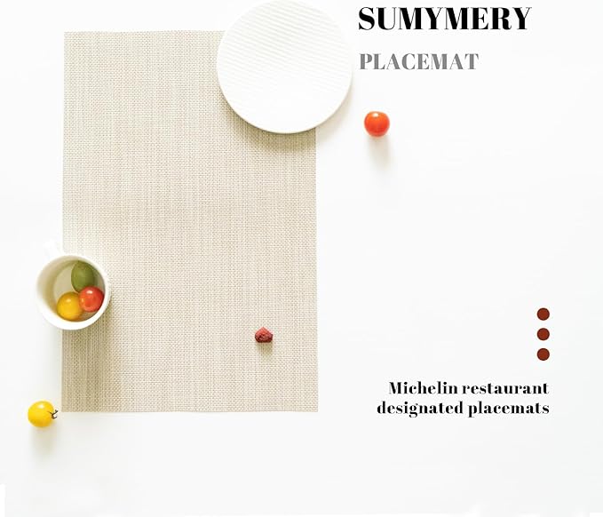 Placemats Set of 12 Vinyl/Plastic Woven Place Mats for Kitchen Table Indoor/Outdoor Washable Placemat Wipeable Dining Table Mats (Beige,12)