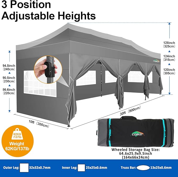 COBIZI 10x30 Pop up Canopy Tent 10x30 Canopy with 8 Sidewalls Waterproof Heavy Duty Commercial Canopy Tent for Parties Outdoor Garden Gazebo, Carry Bag with Wheel(10x30ft, Gray)