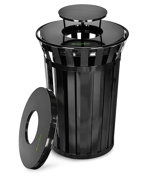 Alpine Industries 38 Gallon Commercial Outdoor Metal Trash Can with Liner, Flat Lid & Rain Bonnet