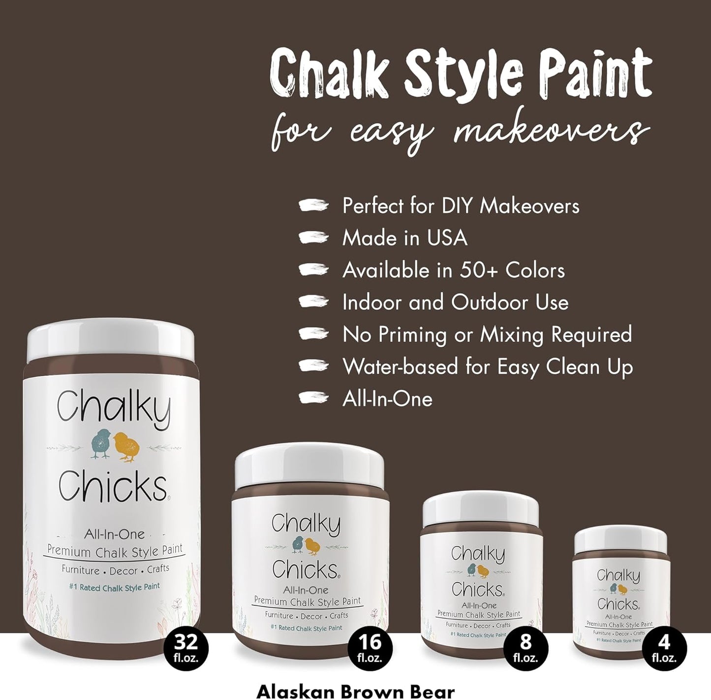 Chalky Chicks All-in-One Chalk Paint for Furniture or Cabinet - 16 Fl Oz - Matte Finish Alaskan Brown Bear for Metal, Wood Furniture Paint - No Sanding All-in-One for Home Decor & Crafts, USA Made