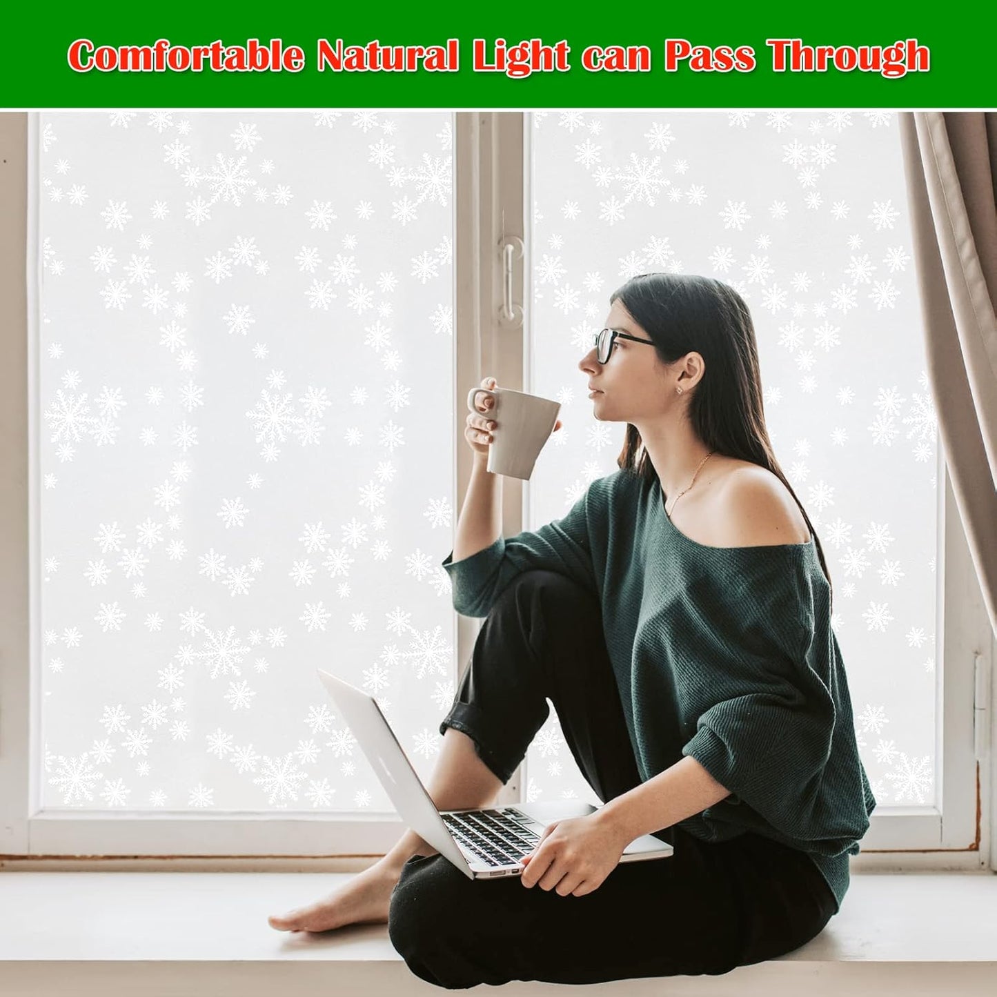 Niviy Privacy Window Film Christmas Decorations Snowflakes Window Clings Decals Stickers Non Adhesive Frosted Glass Film Heat Control 17.7” x 157”