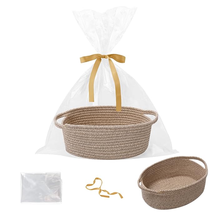 Gift Basket with Gift Bag and Ribbons,Small Rope Woven Shelf Storage,Baskets for Gifts Empty,Birthday,Baby Shower,Decorative Organizer Box with Handles(Mixed Brown)