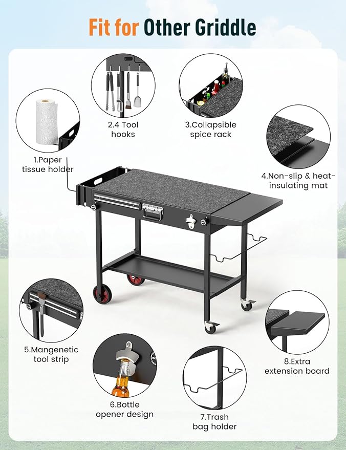 Portable Grill Cart Table with Wheels, for 17-22 Inch Blackstone Griddle Stand, Foldable BBQ Prep Station with Seasoning Tray