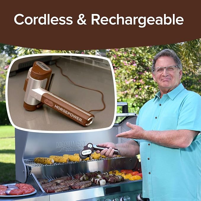 Horsepower Giddy Up GOLD Bristle-Free Spinning Grill Brush w/LED & Longer Run Time, Cordless/Rechargeable, 304 Stainless Steel Power Roller Blasts Away Burnt-On Food, No Bristles No Preheating 350 RPM