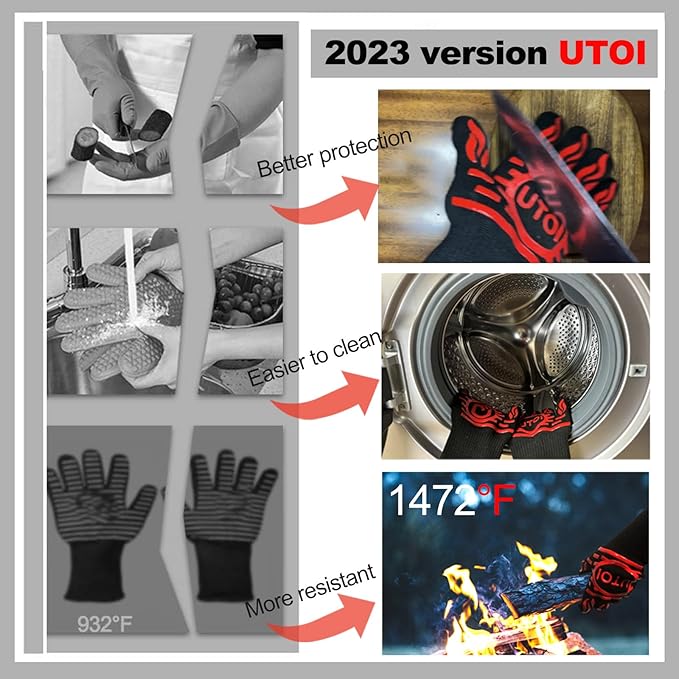 BBQ Grill Gloves Kit, 1472°F Heat Resistant BBQ Gloves/Long Non-Slip Oven Mitts, Meat Shredder Claws & Silicone Basting Brush for Grilling, Smoker, Baking, Barbecue, Kitchen & Outdoor Cooking