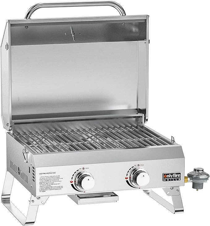 Tabletop Gas Grill 2 Burners, 20" Portable Propane Grill with Foldable Legs for Outdoor Patio Backyard Camping Tailgating RV Trip Beach, Stainless Steel Gas Stove 16000BTU, GS322
