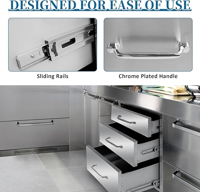 Outdoor Kitchen Drawers 14"Wx21"Hx23"D Flush Mount Access 3-Drawer BBQ Stainless Steel Drawers with Handle for Outdoor Kitchen Island or Grill Station