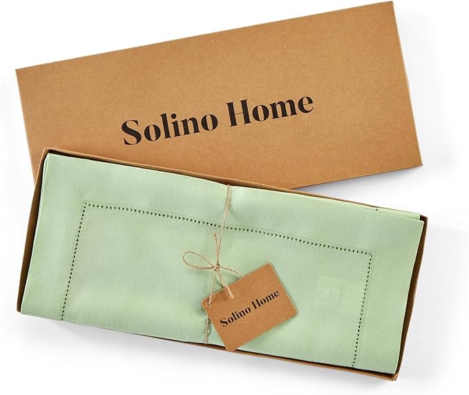 Solino Home Linen Light Green Table Runner 36 Inches - 100% Pure Linen Small Table Runner 14 x 36 Inch for Dresser and Coffee Tables, Spring, St Patricks Day, Easter - Classic Hemstitch